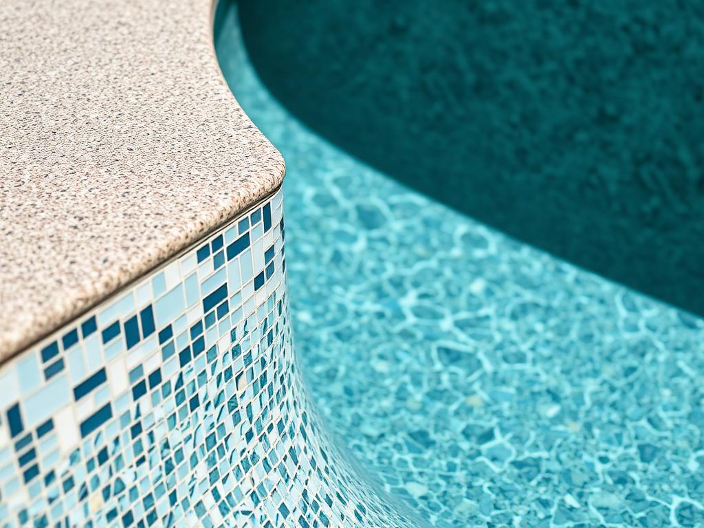 New pebble plaster and glass tile waterline