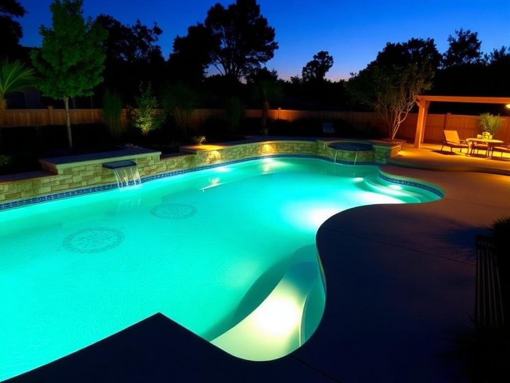 Complete pool remodel with LED lighting at dusk